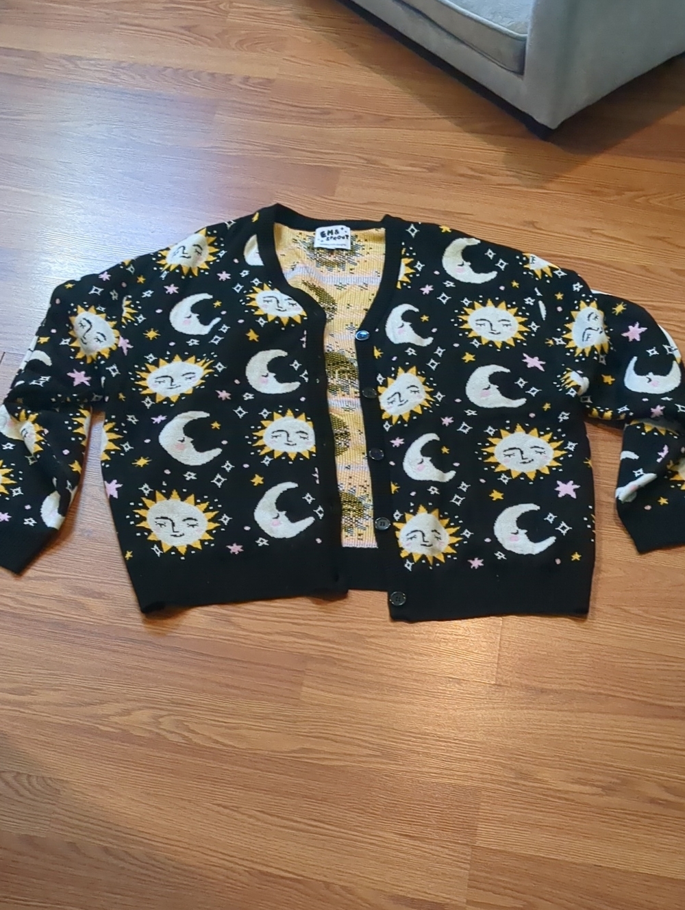 Em & Sprout Celestial Smiling Sun & Moon Knit Cardigan Sweater Plus Size XXL